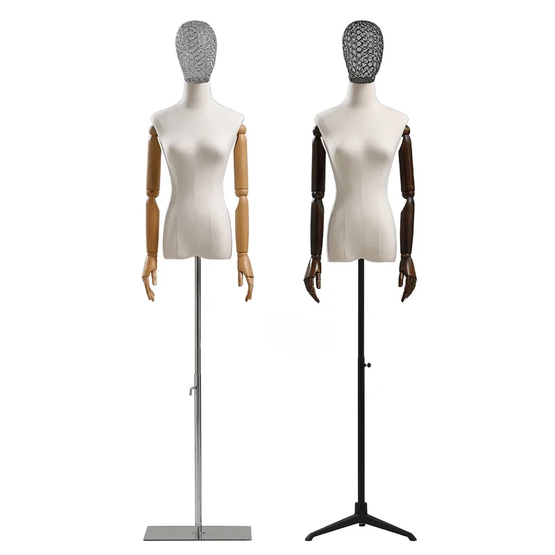 Female Half Body Mannequins with Metal Base for Wedding Window Mannequin Clothing Display with Iron Head Wooden Arm Mannequin