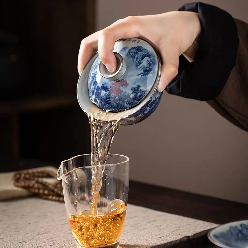 Jingdezhen Old Clay Underglaze Blue White Thousand Miles Landscape Sancai Gaiwan Single Crackle Glaze Nurturable Tea Cup Gift