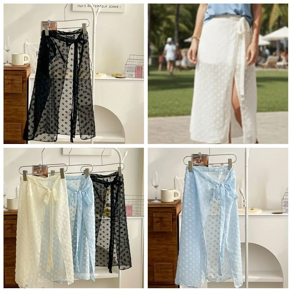 High Waist Lace Midi Skirt Embroidered Flower See Through Lace Drawstring Skirt Harajuku Irregular Side Slit