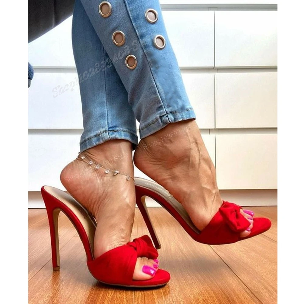 Red Suede Butterfly Knot Peep Toe Slippers Stiletto High Heel Slip-on Fashion Women Shoes 2024 New Classic Zapatos Para Mujere