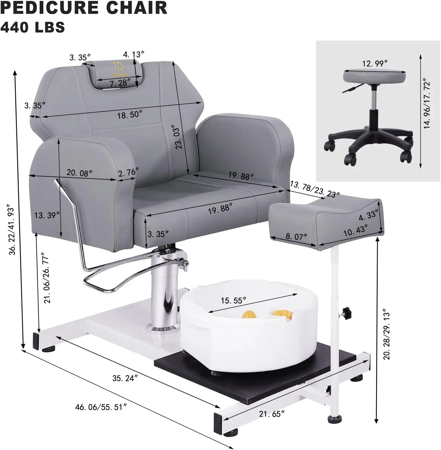 Reclining Pedicure Chair No Plumbing with Foot Massage Basin, Hydraulic Adjustable Pedicure Chair, 360° Rotation Beauty Spa