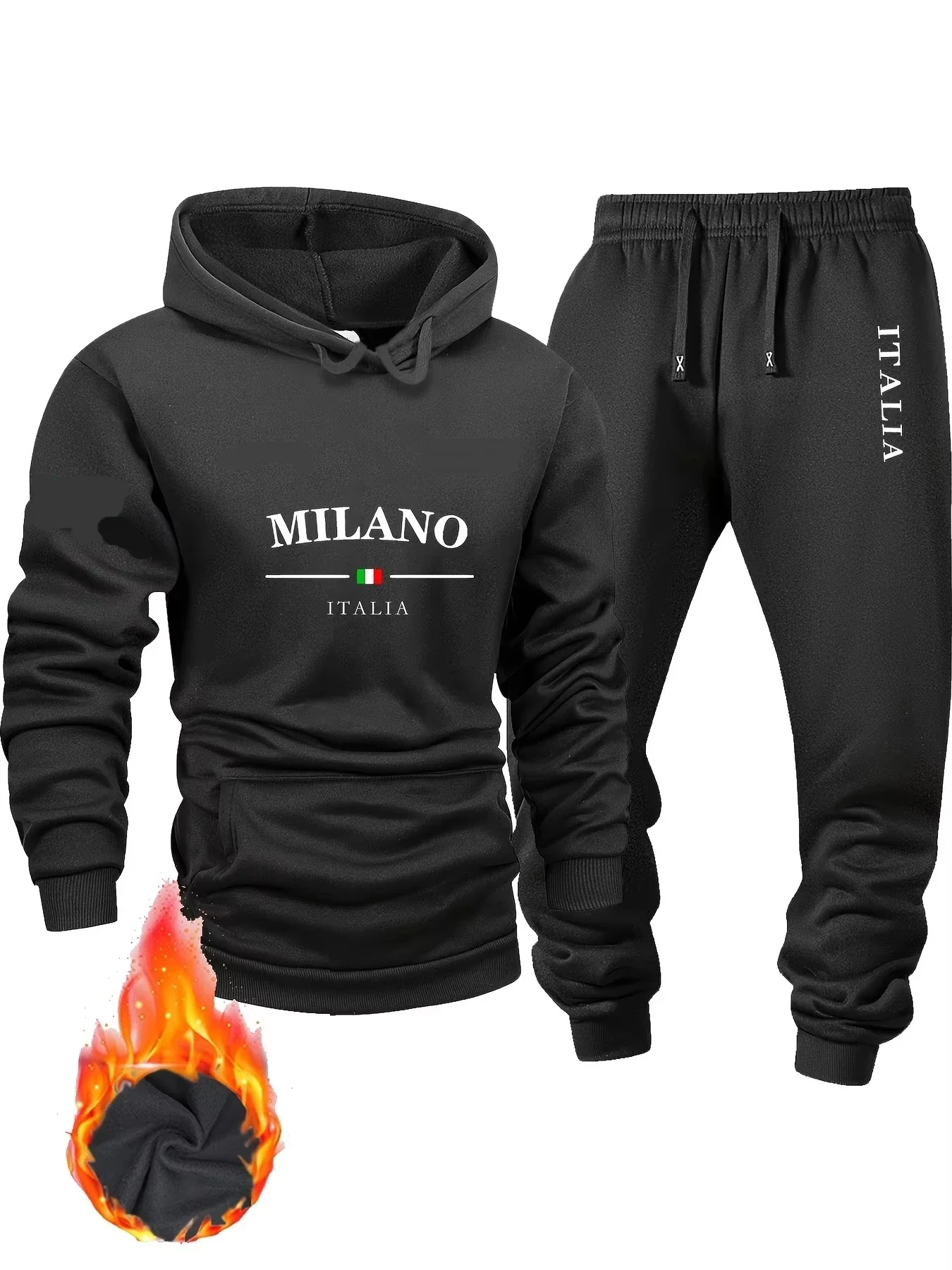 Men's Italy Pattern Fleece Hoodie And Pants Set Autumn Winter Two-Piece Windproof Warm Top Bottom Suit for Training Exercise