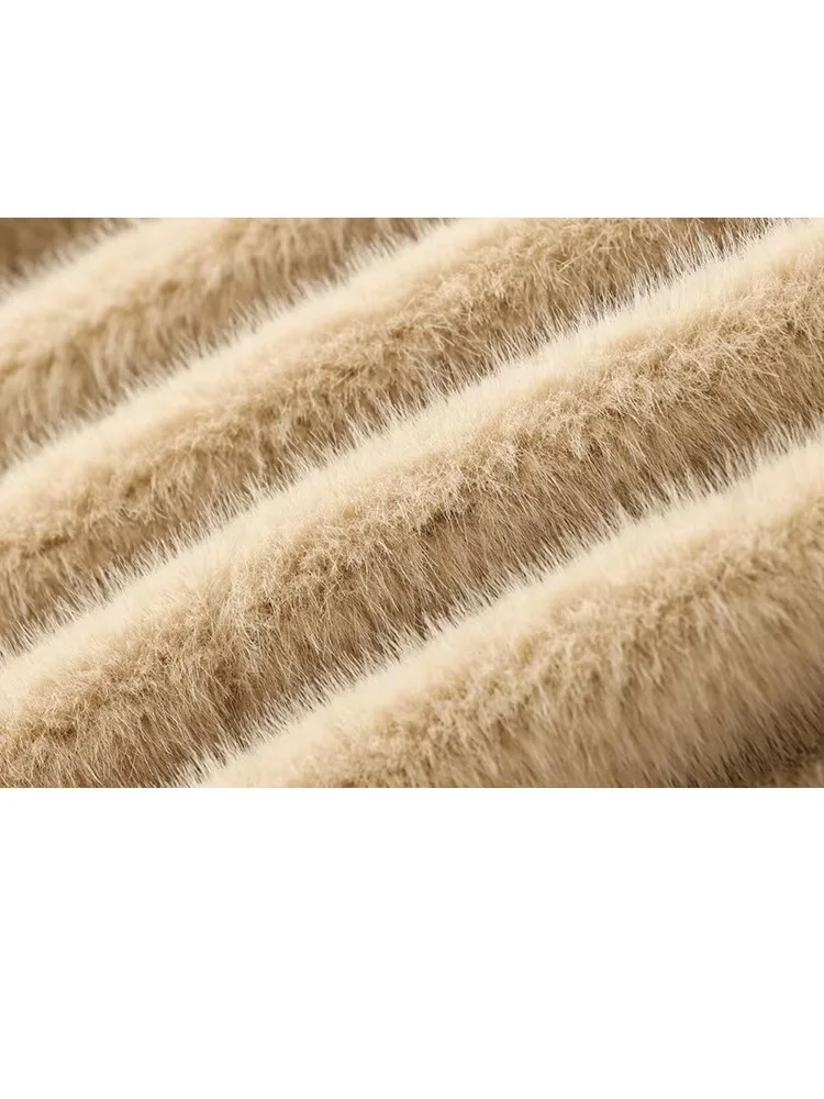 TRAZFA Women's Autumn New Fashion khaki Plush Faux Fur Effect Cropped Heavy Jacket Female Crew Neck Single Breasted Casual Coat