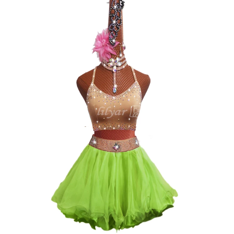 New professional Latin dance competition performance dress with sea blue tassel short open waist sparkling diamond dance skirt