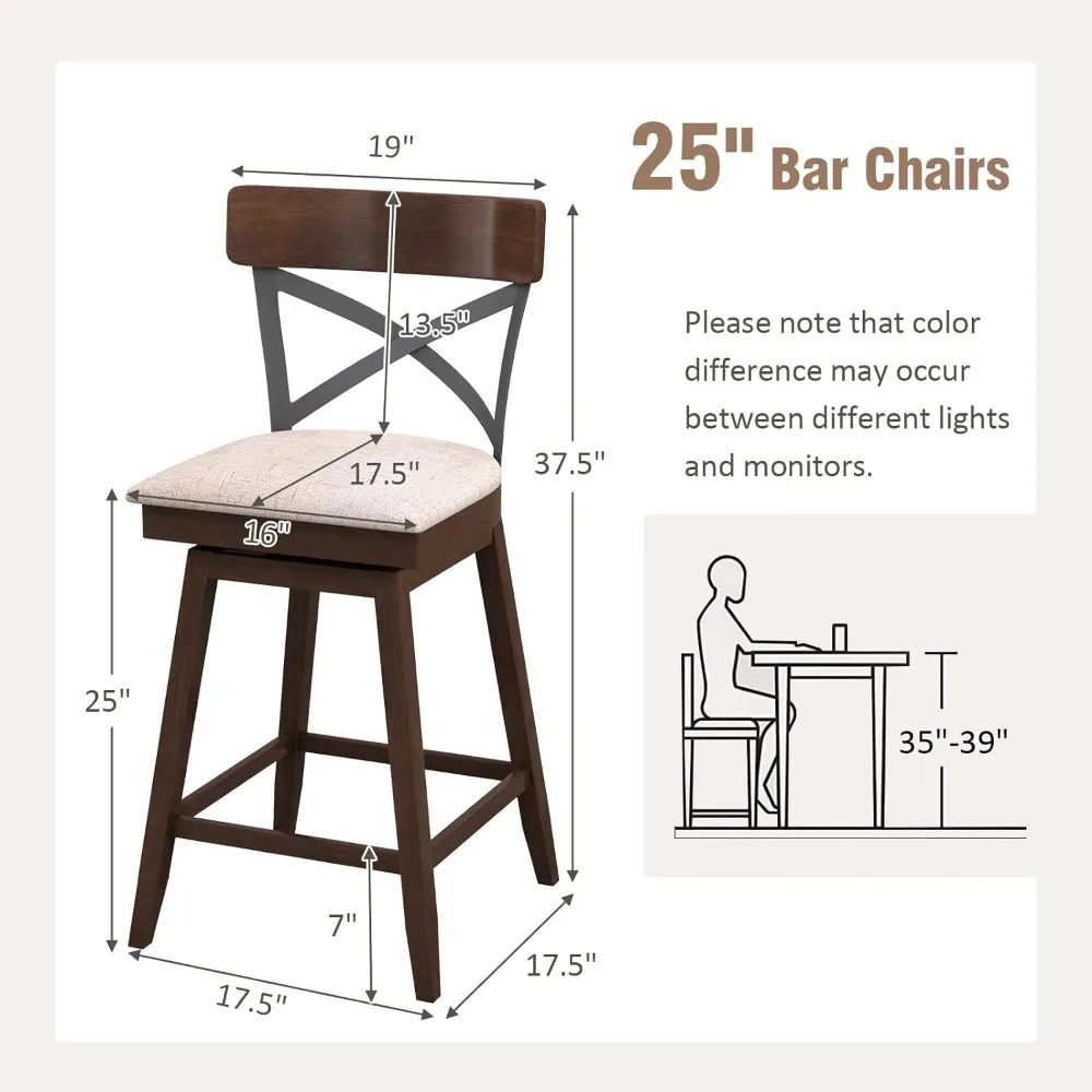 Bar Stool Set of 2, 25 Inch Swivel Ergonomic Counter Height Chairs with Cushioned Seat, Open X Back & Footrest, 2 PCS Wooden