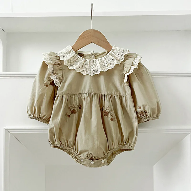 Spring New Sweet Flower Embroidery Baby Romper Long Sleeve Cotton Bottom Feeding Suit for Baby Girl Crawling Clothes Jumpsuits