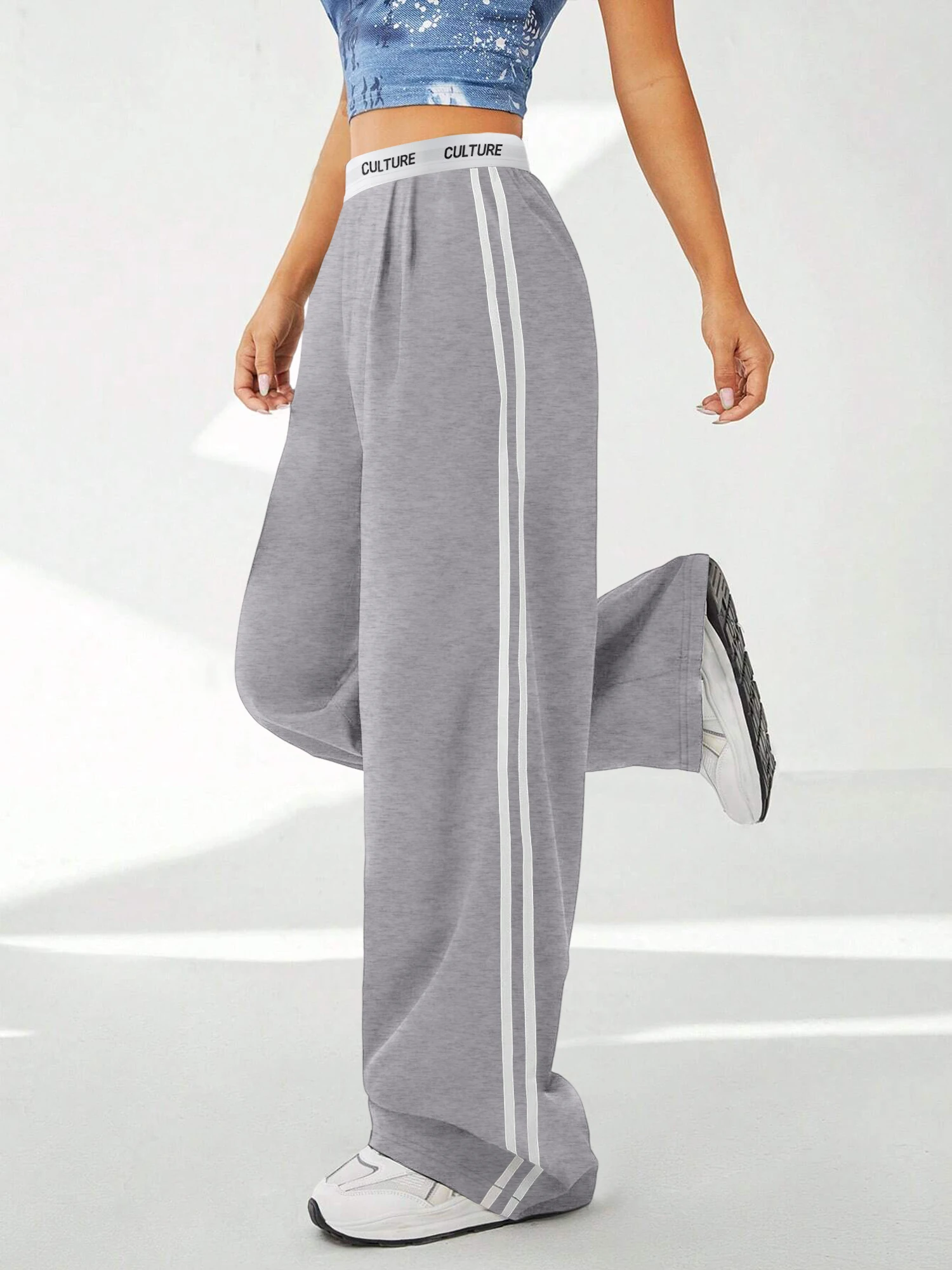 Women's "CULTURE" Waistband Pants - Side Stripes Wide Leg Casual Trousers