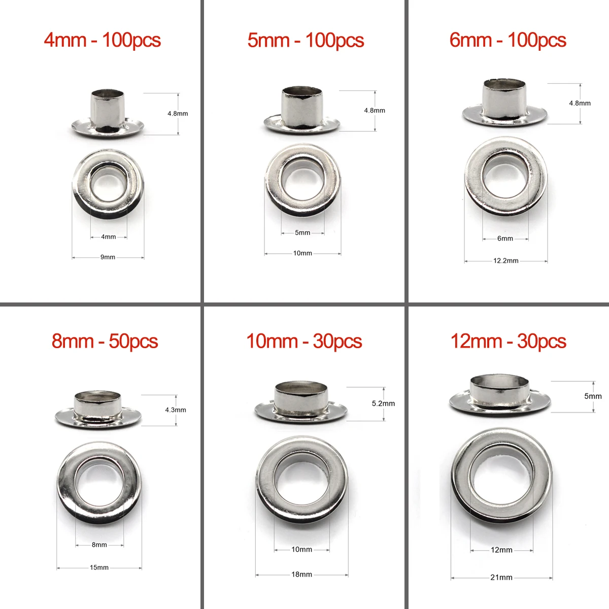 Brass Material Silver Color 4mm 5mm 6mm 8mm 10mm 12mm Flat Face Grommet Eyelet With Washer Leather Craft Bags Shoes Belt Cap