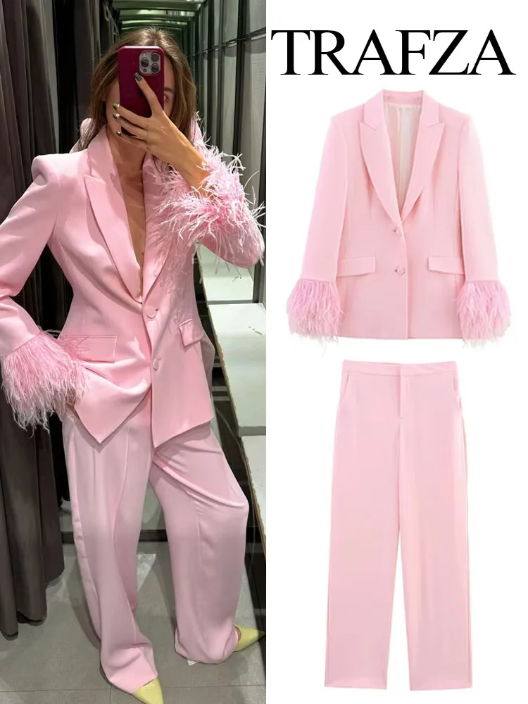 

TRAFZA Women Pink Blazer Sets Turn-Down Collar Long Sleeves Single-Breasted Blazer Coat+Chic High Waist Pocket Zipper Long Pants