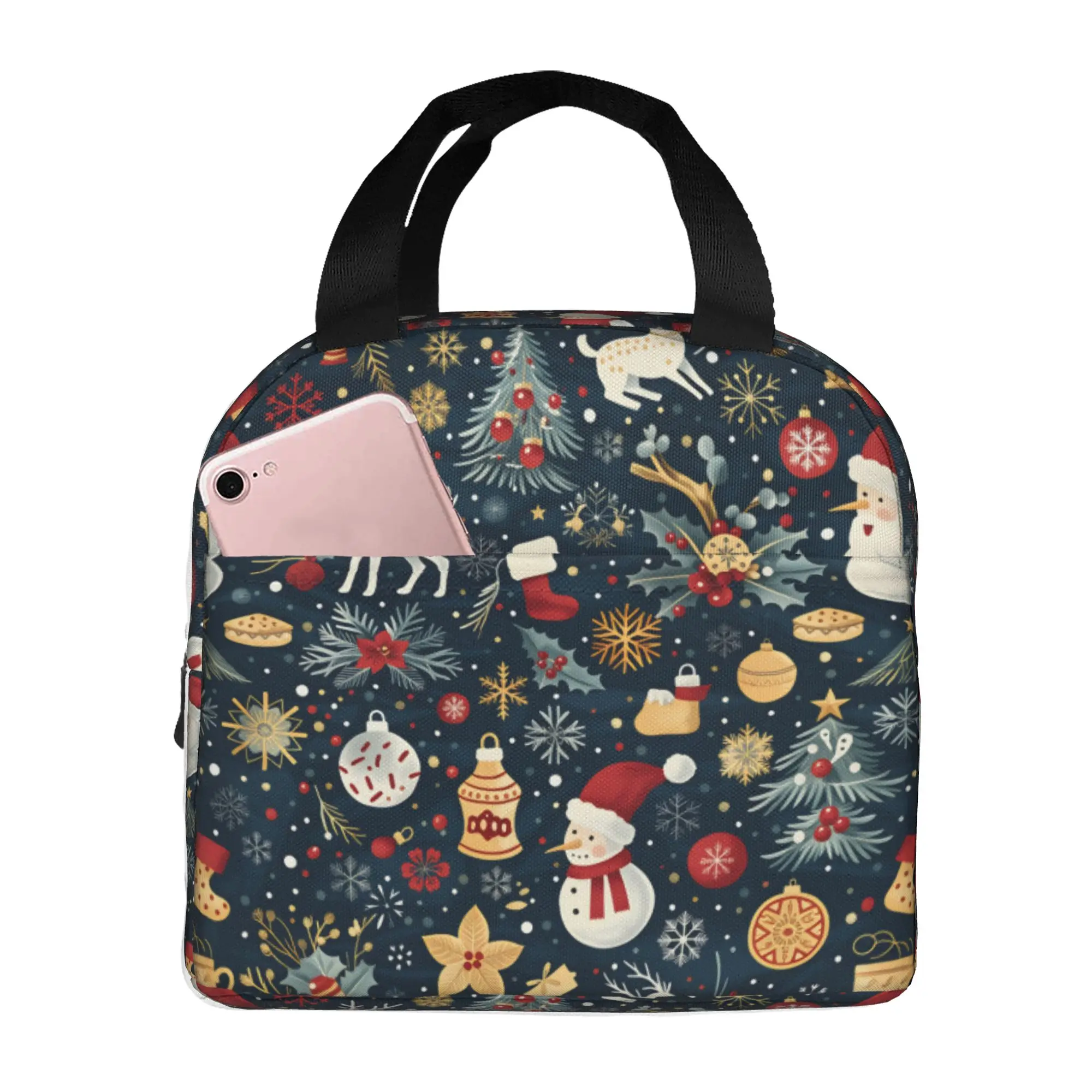 Christmas Theme Mid Century  Thermal Insulated Lunch Bag Women  Resuable Lunch Tote for Outdoor Camping Travel Storage Food Box