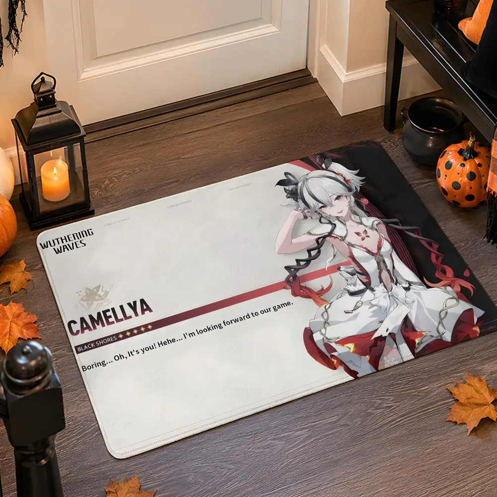 Game W-Wuthering Waves Floor Mat Flannel Rug Non Slip Absorbent Soft Washable For Entryway Hallway Bathroom Kitchen Decor