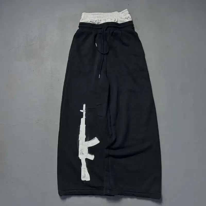Oversized Black Sweatpants with Gun Graphic Men's 2025 New Streetwear Loose Drawstring Pants Hip Hop Casual Trousers