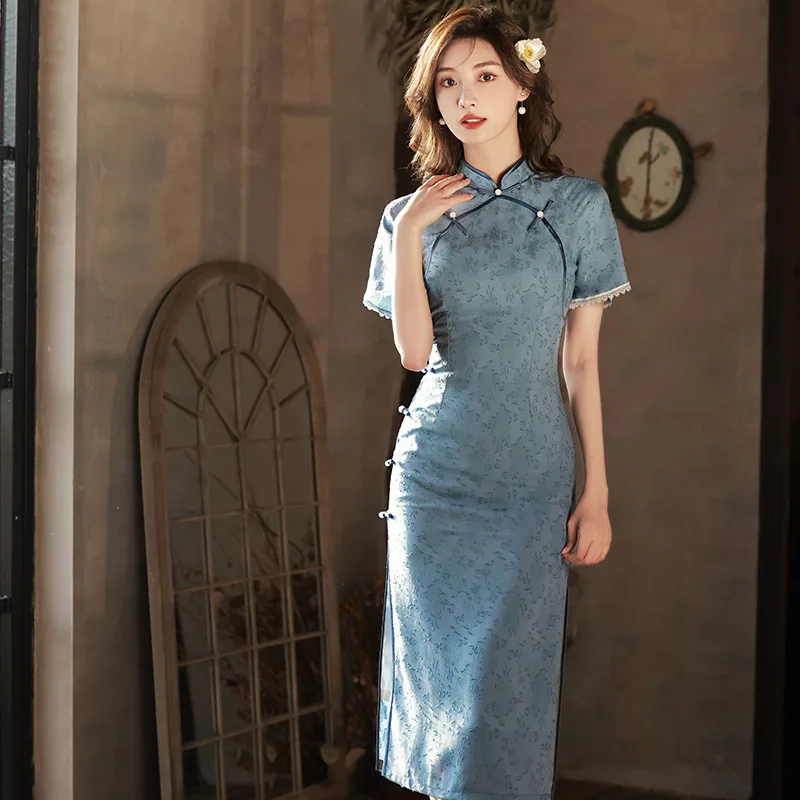 

Modern New Improved Cheongsam 2023 New Plus Size Summer Blue Young Girl Chinese Qipao Evening Dress Tang Suit Hanfu For Women