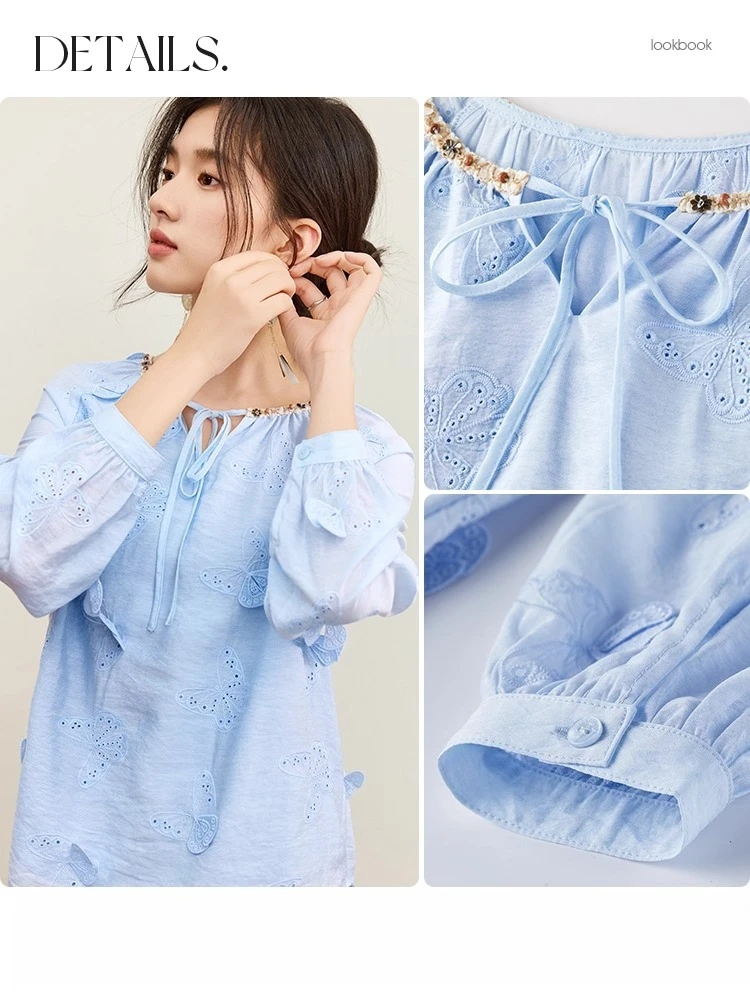 SENTUBILA Women‘s Chiffon Blouse Solid Butterfly Embroidery Lace Tie-Neck Blouse 2025 Autumn Bohemian Loose-fit Shirt 153VA3819