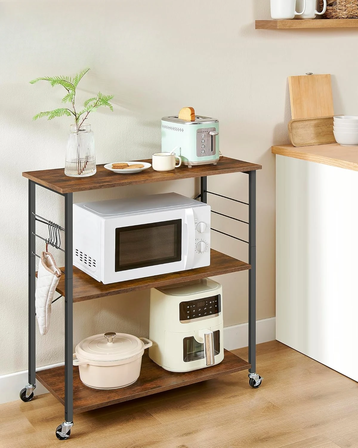 

Kitchen Shelf on Wheels, Serving Cart with 3 Shelves, Kitchens Carts, Microwave Shelf, with 6 Hooks, Kitchen Cart