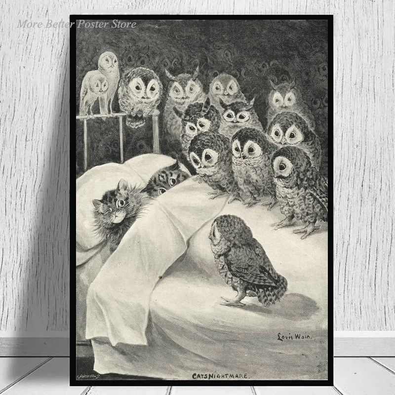 Vintage Cats Nightmare Owls Stare Poster Canvas Painting Louis Wain Antique Cat Illustration Black White Wall Art Home Decor