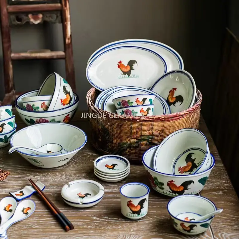 1pc Vintage Rooster Ceramic Bowl, Large Capacity Noodle Soup Bowl, Retro Chinese Porcelain Rice Bowl,  Restaurant Tableware