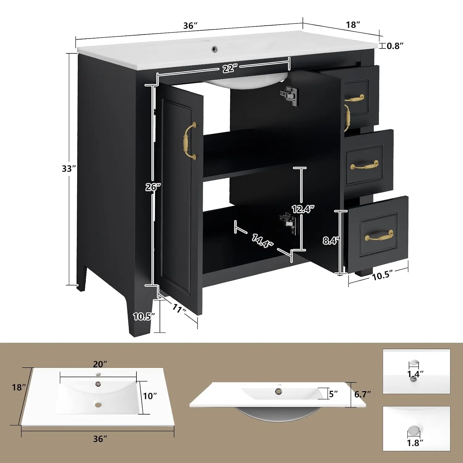 Modern Freestanding Vanity Cabinet, Painted Surface, 2 Soft-Close Doors, 3 Drawers, Faucet & Drain, Customized