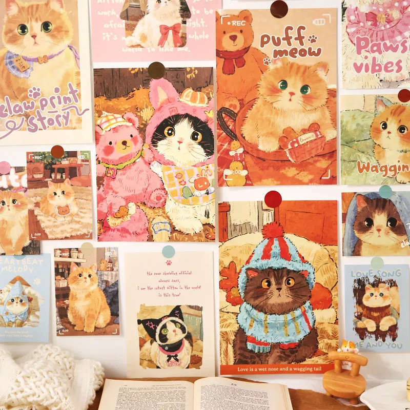 Vintage Oil Painting Style Cat Postcard Set, Cute Fluffy Kitten Decor Wall Collage Cards, Aesthetic Animal Art Prints for Room W