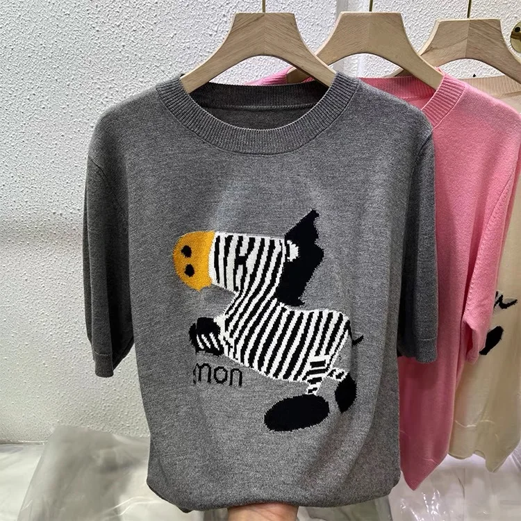 Zebra Jacquard Sweater Knit T-shirts Pullovers 2024 Summer Korean Fashion Loose Ladies Tops Knitwear Short Sleeve O-neck Jumpers