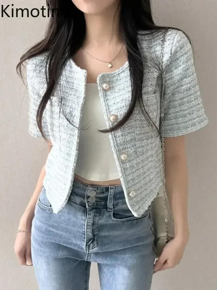 Kimotimo Tweed Jacket Women French Chic Short Sleeve Pearl Single Breasted Short Coat Summer Elegant All Match Slim Pockets Top