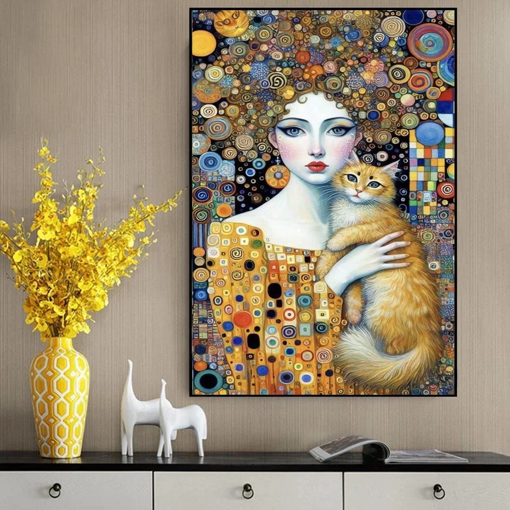 Abstract Woman And Cat Canvas Painting Wall Art Gustav Klimt Art Elegant Girl Poster Prints For Office Living Room Home Decor