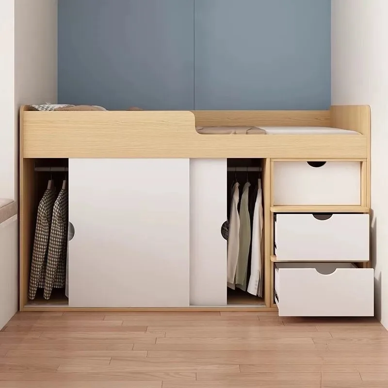 Factory Direct 2026 Solid wood multi-layer board small apartment single plus high box bed simple high and low bed under cabinet,
