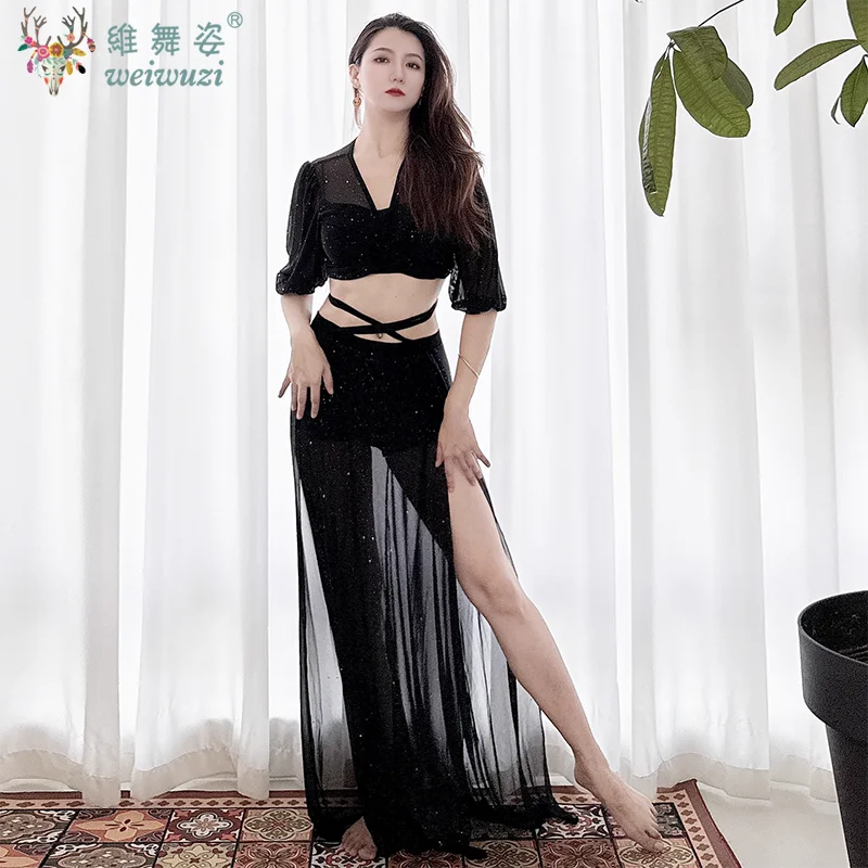 Roupas de prática de dança do ventre para mulheres terno de dança do ventre malha manga curta topo + saia longa sexy feminino roupa de dança oriental