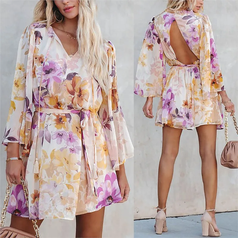 2025 New Women's Fashion Fragmented Flower V-Neck Long Sleeve Open Back Lace up Casual Dress