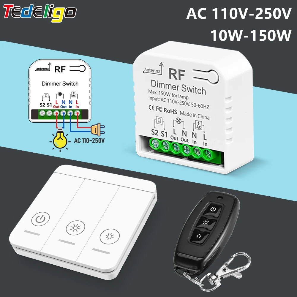 

433 Mhz Light Dimmer Remote Control Switch AC 110V-250V 150W Adjustable Brightness Controller Support 2 Way for LED and Halogen