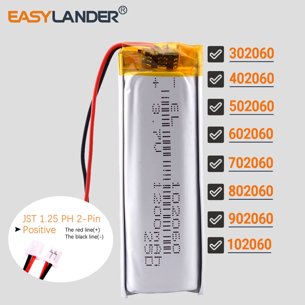 JST1.25 2P 3.7V 600mAh 502060 502160 502260 Lithium Li Polymer LiPo Battery 302060 402060 602060 702060 802060 902060 102060