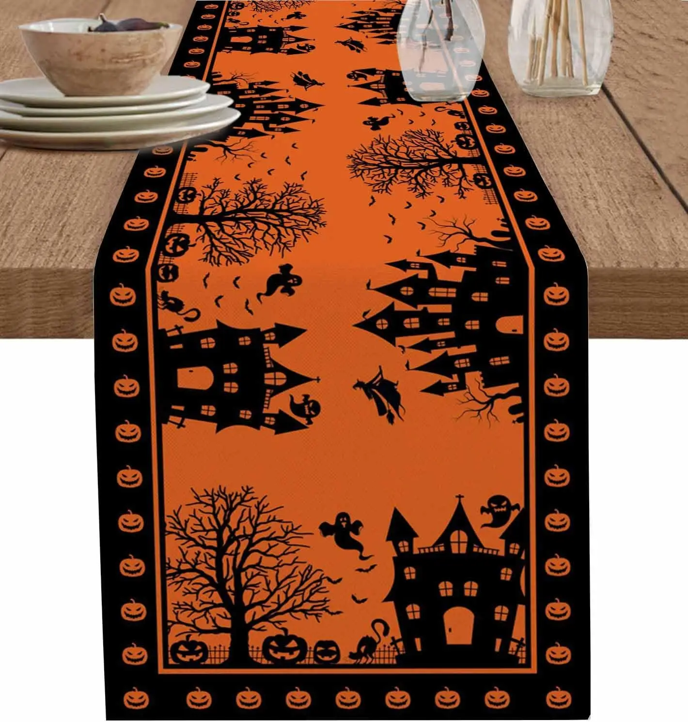 Halloween Witch Castle Linen Table Runner Holiday Party Decor Reusable Kitchen Dining Table Runner Halloween Decorations