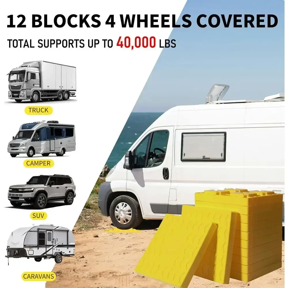 RV Camper Leveling Blocks 12-Pack, Heavy-Duty Interlocking Anti-Slip Stabilizer Blocks with Carry Bag for Car SUV RV Trailer & M