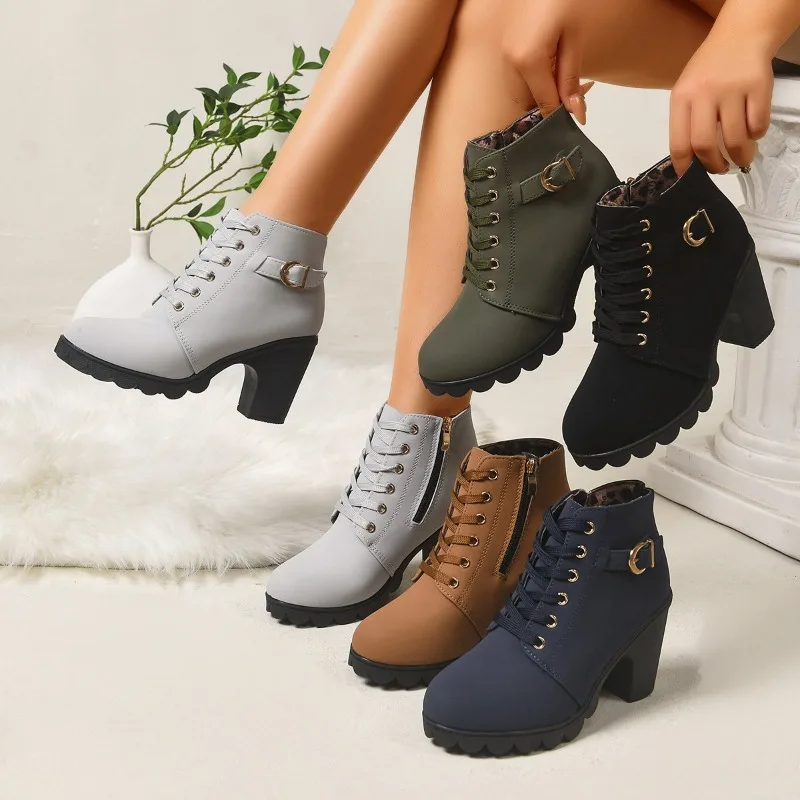 Women Brown Lace-up Ankle Boots 8.5cm Block Heel Metal Buckle Side Zipper Leopard Lining Non-slip Sole Winter Daily Shoes