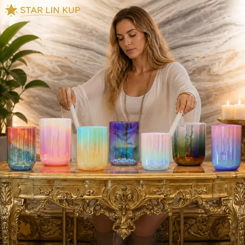 STAR LIN KUP 432Hz Crystal Singing Bowl Dazzling Gradient Alchemy Chakra Healing Meditation Sound Therapy with Mallet Bag
