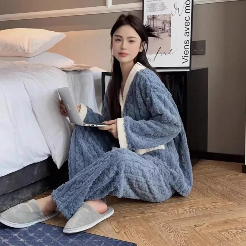 2PCS/Set Women Thickened Warm Fall Winter Pajamas Long-Sleeved Solid Flannel Striped Homewear Nursing Loungewear Ladies Clothes