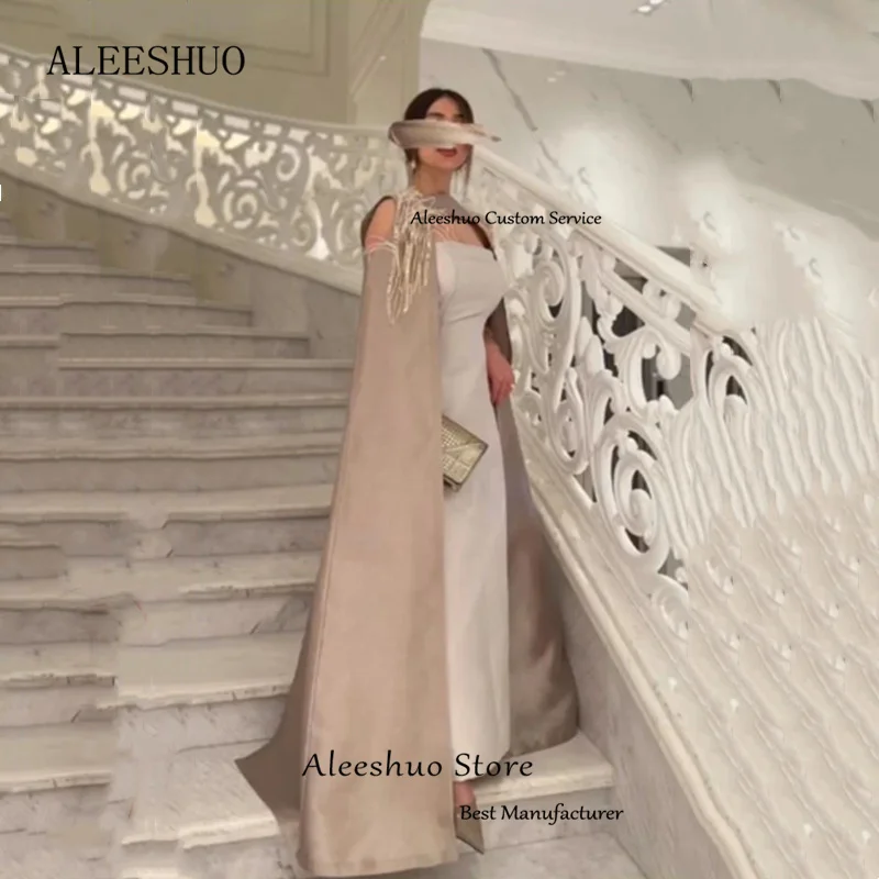 Aleeshuo Champagne Dubai Arabia Evening Dress Sleeveless Elegant Crystal Feathers Evening Gowns Strapless Simple Formal Party