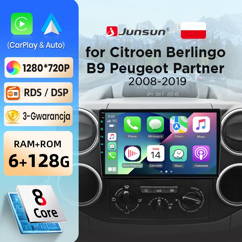 Autoradio sans fil Junsun CarPlay Android Auto pour Citroen Berlingo B9 Peugeot Partner 2008-2019 Systèmes intelligents DSP SWC RDS