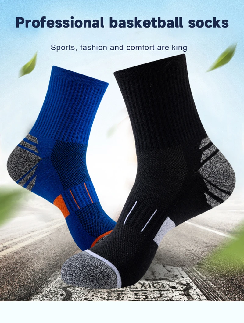 5 Paar Herbst-Herrensocken aus Baumwolle, mittellang, hohe Elastizität, atmungsaktives Mesh, dickes Frottee, schweißableitende Sportsocken – Detail 1