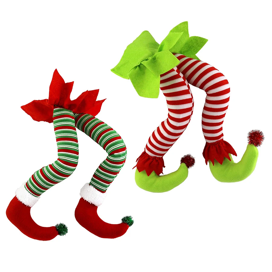 20 Inch Elf Legs Christmas Tree Decorations Stuffed Striped Red Green Elf Leg for Christmas Home Party Tree Fireplace Ornaments