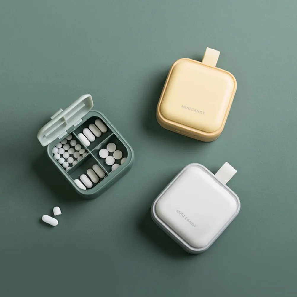 

1Pcs Mini Pill Box Square Portable Pill Case 4 Compartment Lattice Design Medicine Organizer Holder for Travel Home Yellow