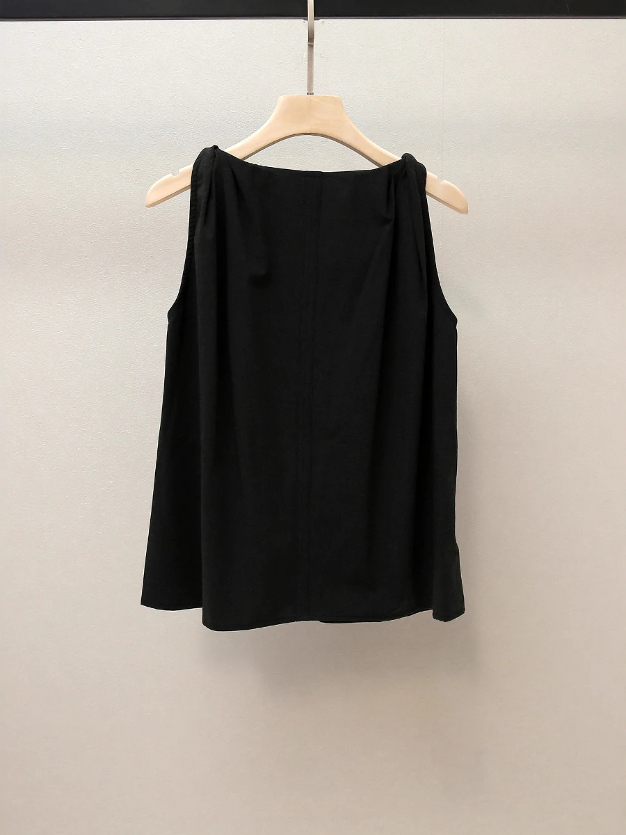 GALCAUR Black Spliced Button Casual Shirt Female V Neck Sleeveless Loose French Style Women's Shirts Fashion Autumn New Clothing