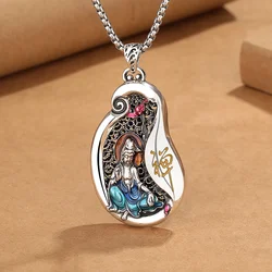 Vintage Cloisonne Enamel Color Avalokitesvara Bodhisattva Pendants For Men Jewelry Hollow Silver 925 Chain Necklace Choker Women