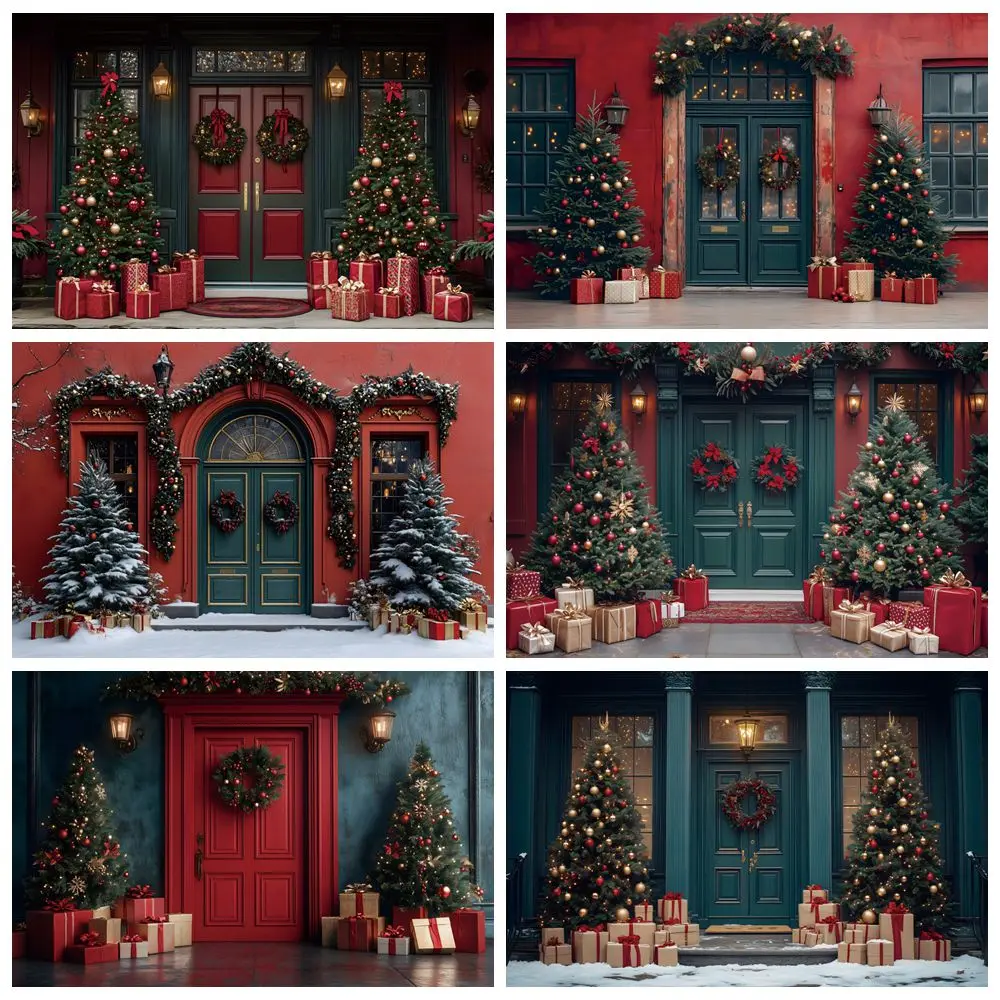 

Christmas Red Green Retro Wall Door Backdrop for Photography Xmas Tree Gifts Indoor Baby Kids Family Christmas Party Background