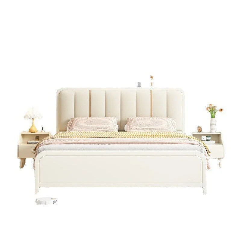 Cream wind vertical grid segmented soft bag double bed full bed rounded corners anti-collision