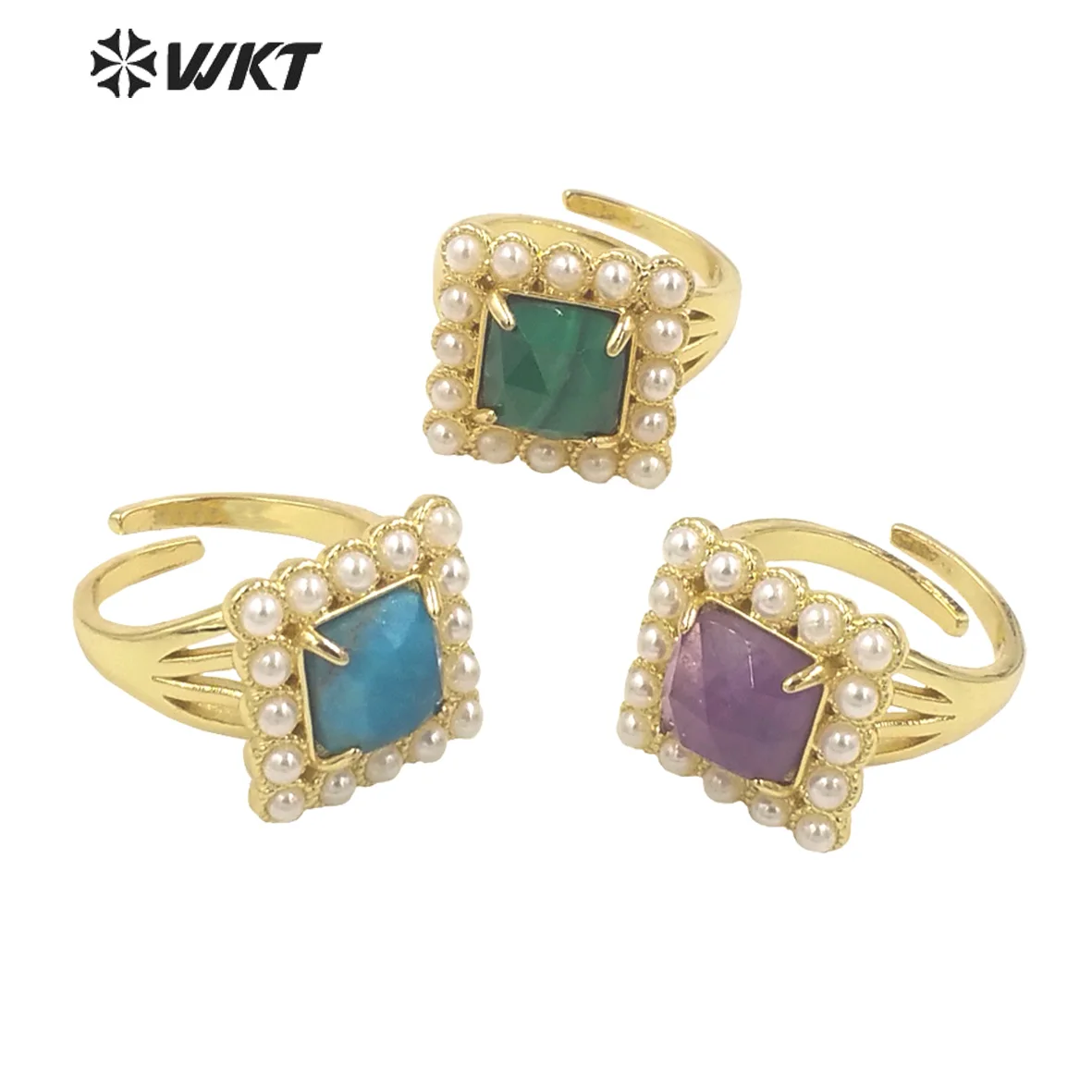 WT-MPR077 Delicate Charming Lady Square Natural Gemstone with Claw Setting 18K Gold Plated Birthday Stone Ring