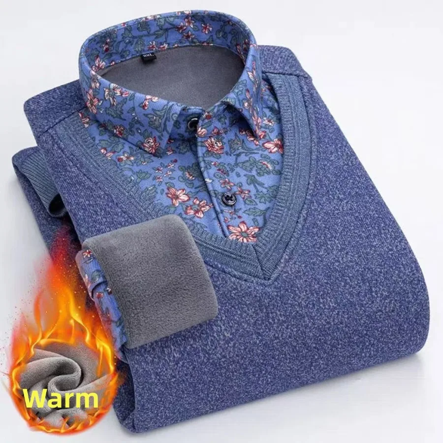 New Autumn Winter Men's Fleece Warm Pullovers Fake Two Piece Long Sleeve Casual Shirts Vintage Business Casual Knitted Sweaters
