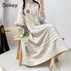 Japan Style Mori Girl Cotton Linen Pleated Dress Women Spring Autumn Stand Collar Ruffled Puff Sleeve Loose Dress Casual Vestido