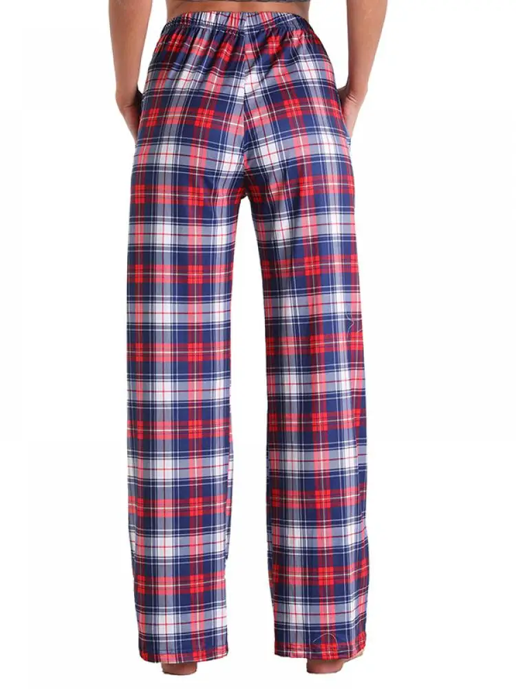 Womens Plaid Sweatpants Wide Leg Loungewear Pajamas Bottoms Nightwear Trousers