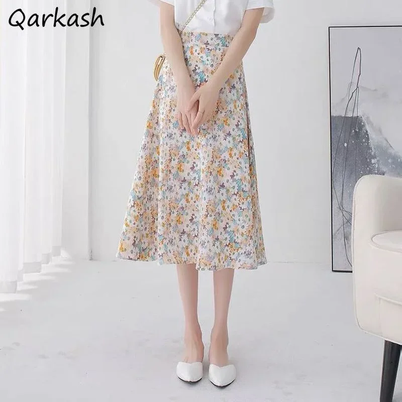 

Floral Midi Skirts Women Summer Harajuku Sweet Lady Skirt Casual Fashion Streetwear Korean Temperament High Waist Faldas Mujer